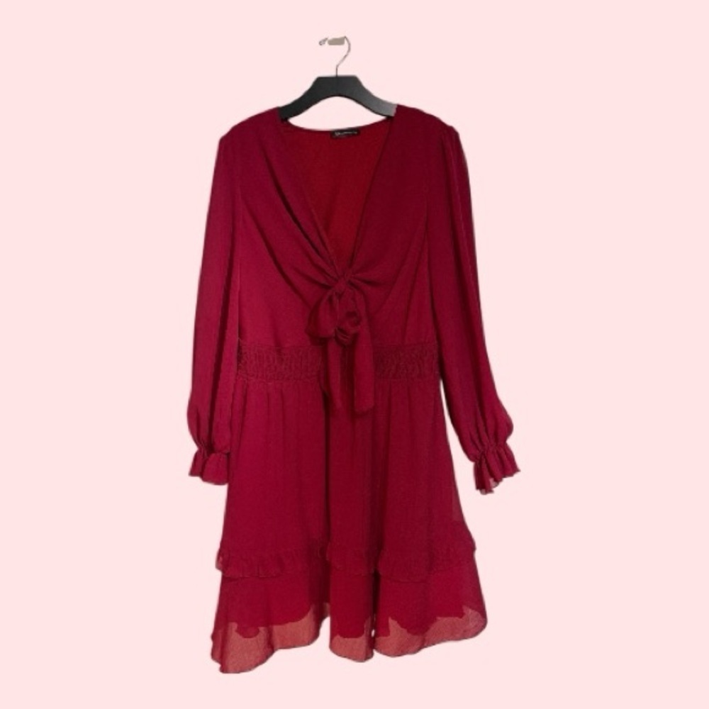 PrettyGarden Flirty Wine Red Mini Dress Tie V Neck Ruffled Long Sleeve NWOT XL